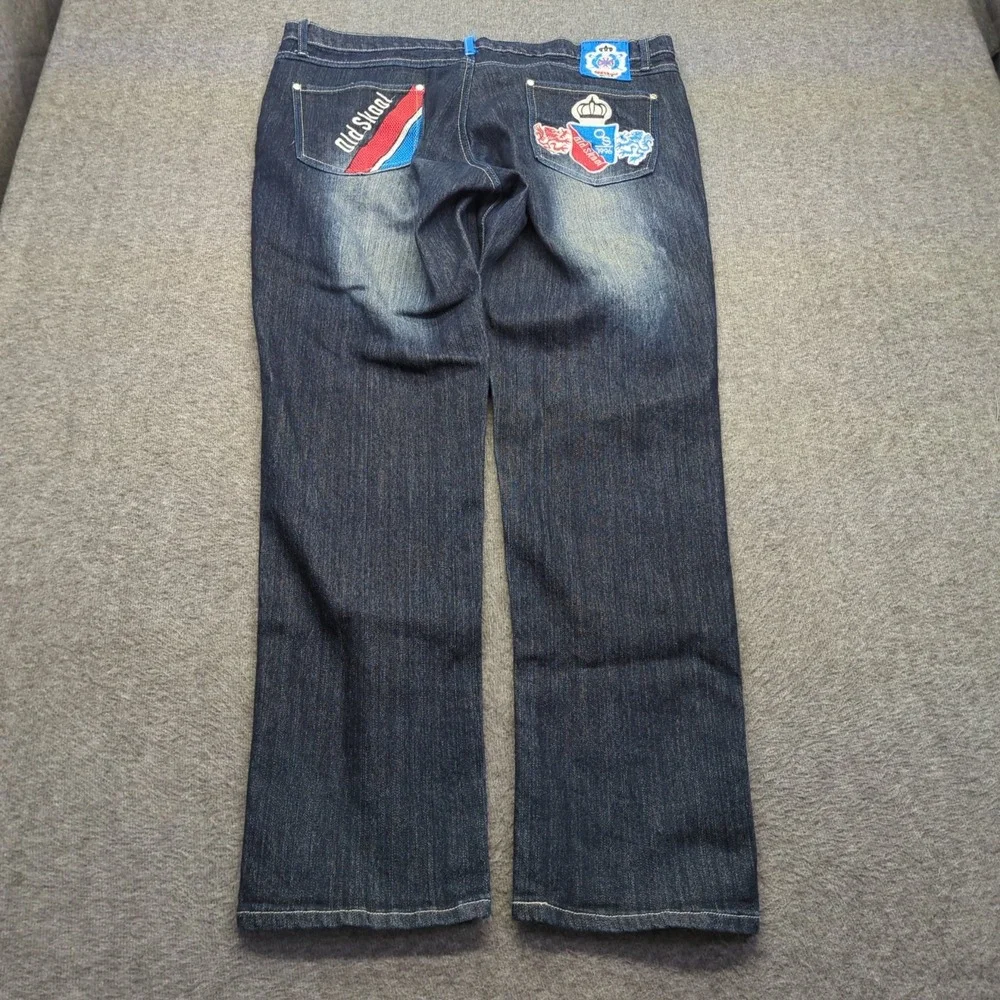 Old Skool Jeans Mens 40x33 Blue Embroidered Baggy Faded Dark Wash Streetwear